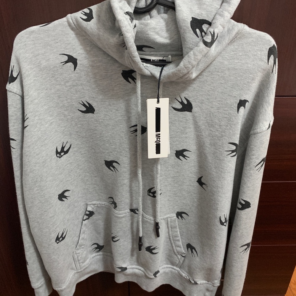 McQ Alexander McQueen Grey Hoodie with Bird Print